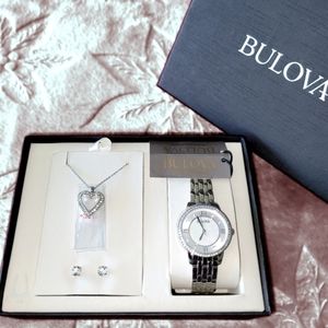 (Only 1 left) Bulova Women's Swarvoski Crystal Watch Earrings Heart Necklace Set